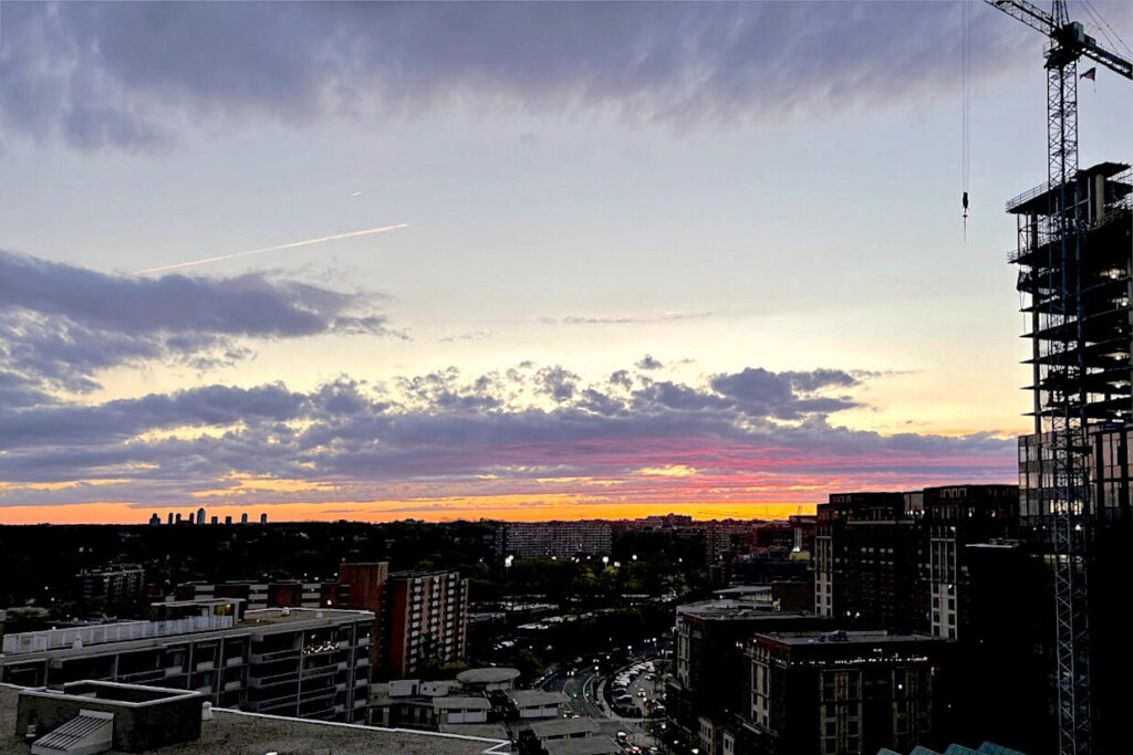 City skyline at sunset